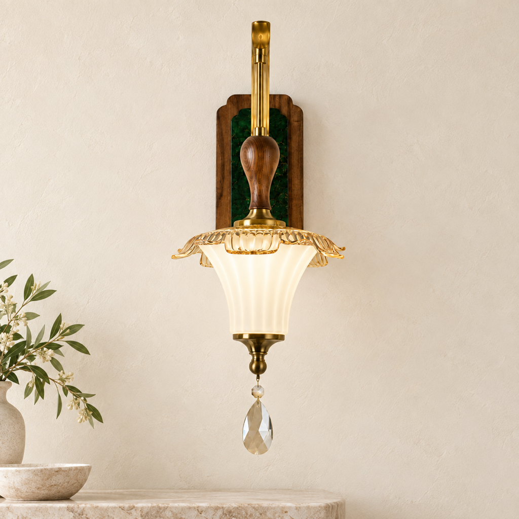 Virdelune fluted bell glass wall sconce mounted flush to a light warm-neutral wall