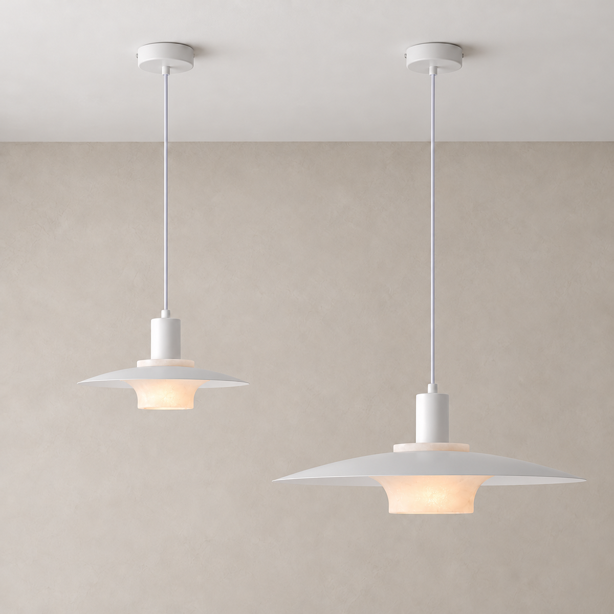 Vorylle aluminum and Spanish alabaster disc pendant — 24 cm and 40 cm sizes, concealed G9 warm light, complete ceiling installation