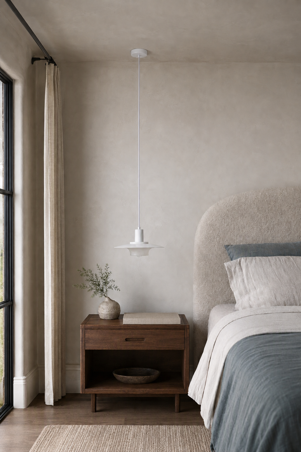 Vorylle white disc pendant light — 03 bedside 24cm off