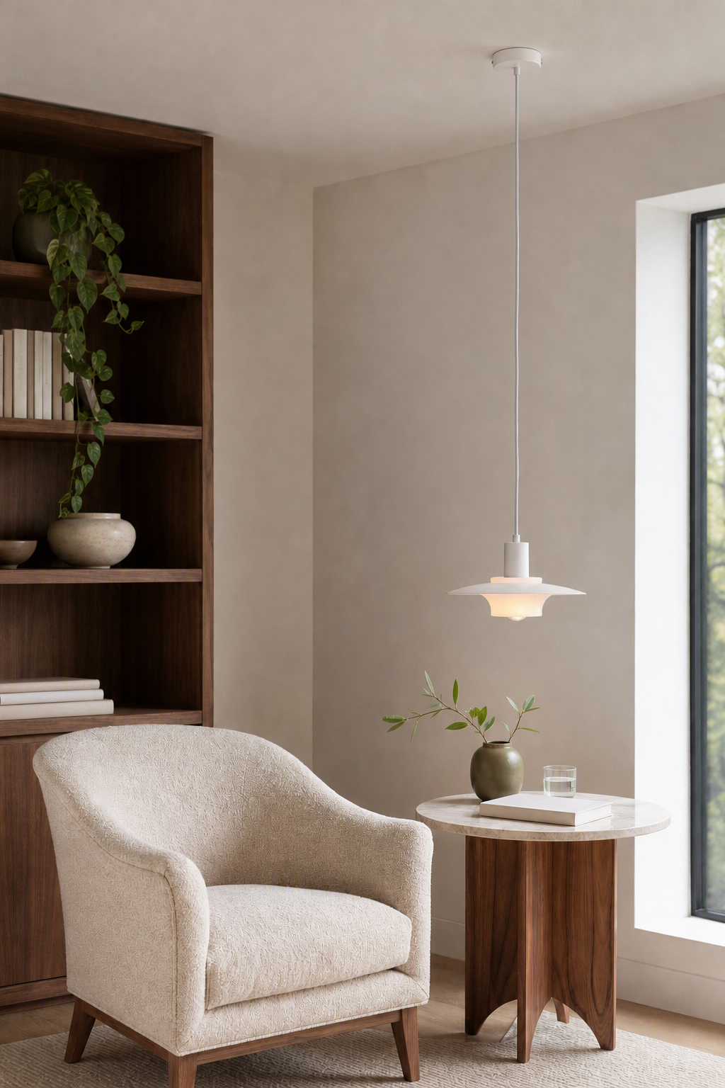 Vorylle white disc pendant light — 05 reading 24cm on