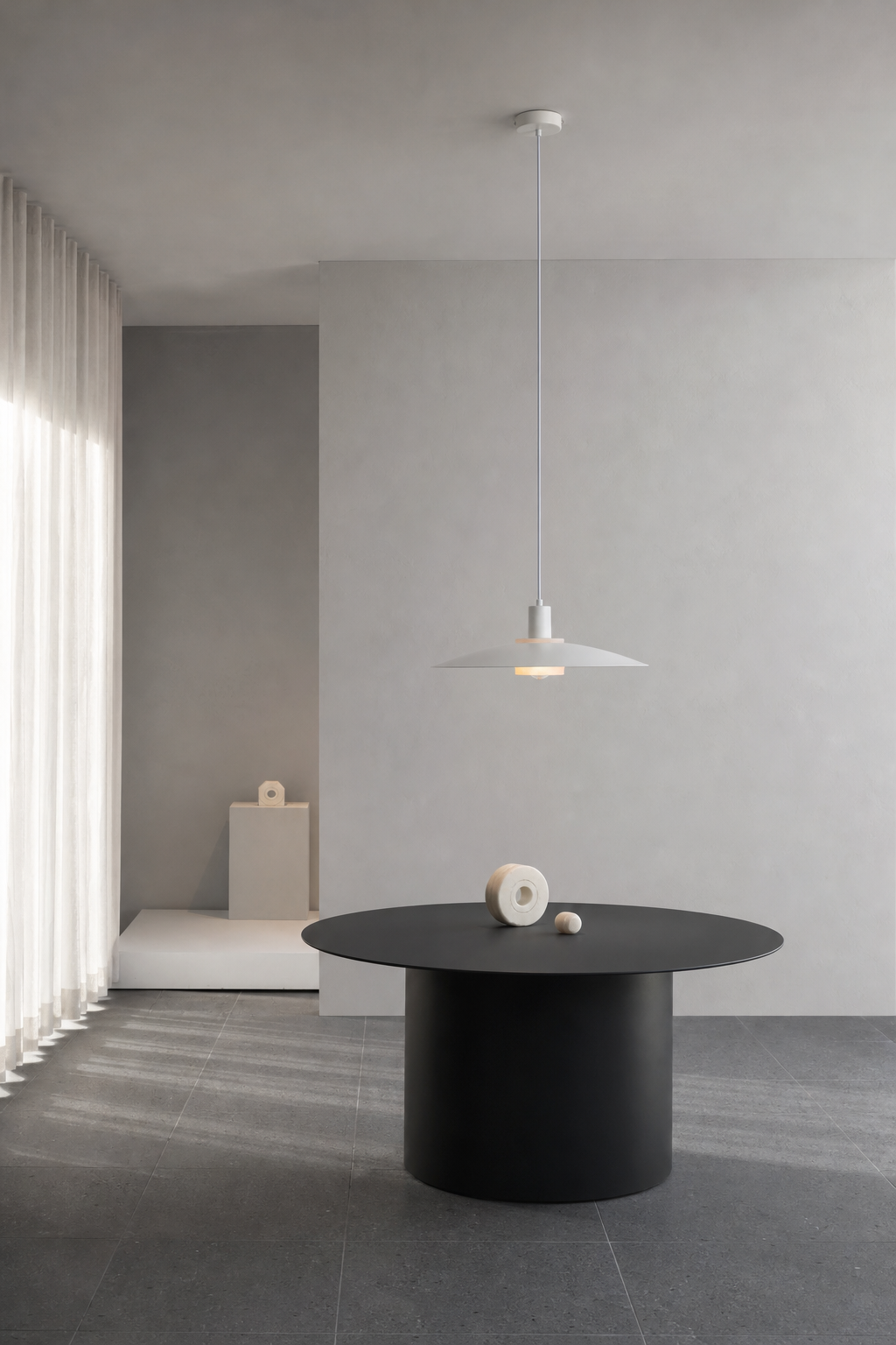 Vorylle white disc pendant light — 08 showroom 40cm on