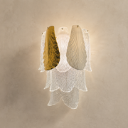 Ceramic and Glass Petal Wall Sconce: complete fixture with layered ivory ceramic, textured glass and gold accents