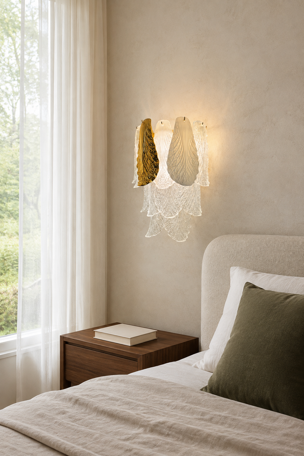 Ceramic and Glass Petal Wall Sconce: beside a bed in a softly lit bedroom