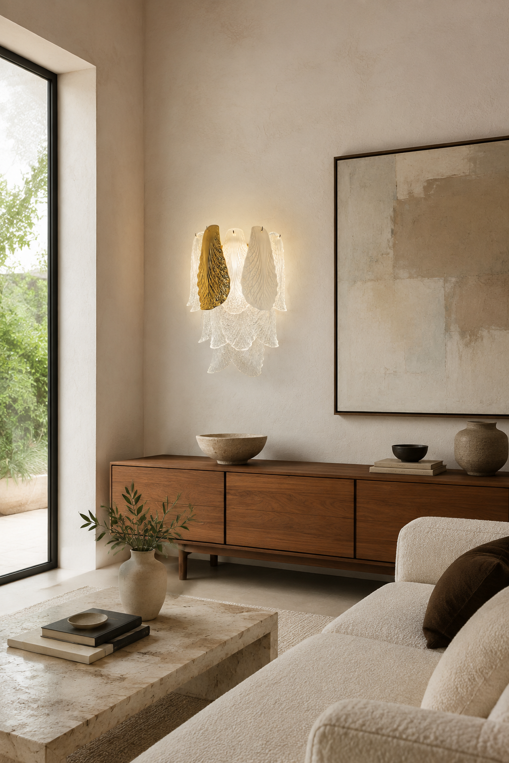 Ceramic and Glass Petal Wall Sconce: in a spacious living room