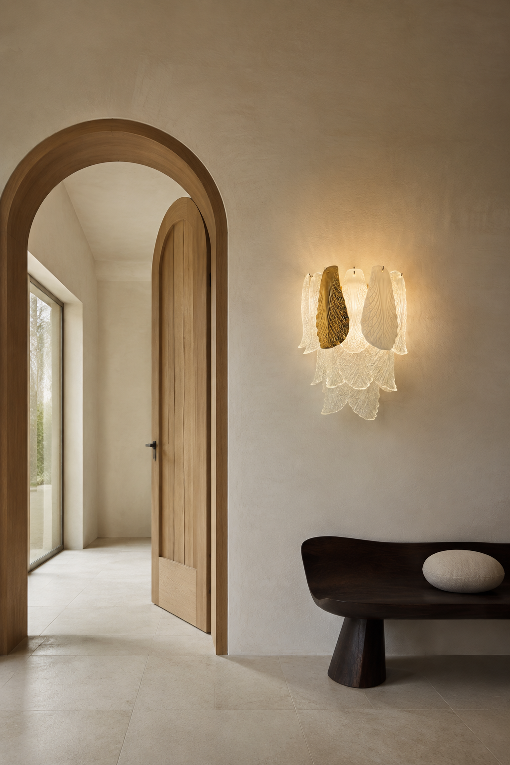Ceramic and Glass Petal Wall Sconce: above an entry console