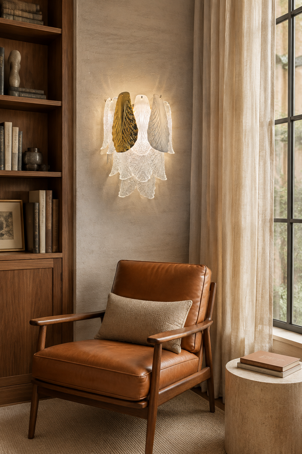 Ceramic and Glass Petal Wall Sconce: beside a reading chair