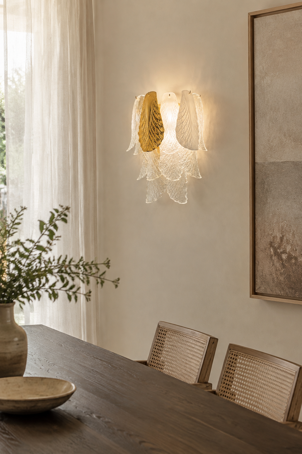 Ceramic and Glass Petal Wall Sconce: in a dining room setting