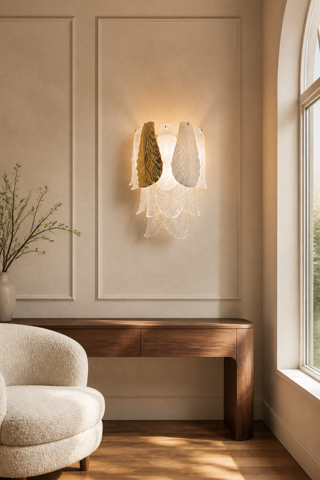 Ceramic and Glass Petal Wall Sconce: in a bedroom suite