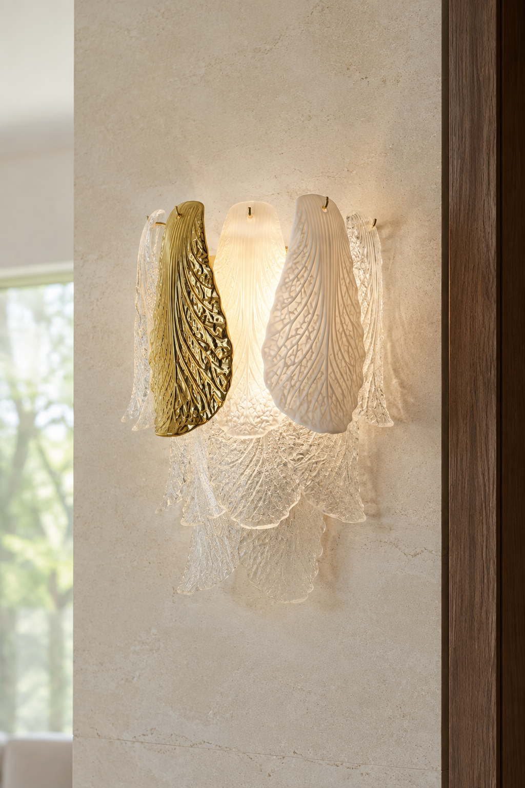 Ceramic and Glass Petal Wall Sconce: on a stair landing wall