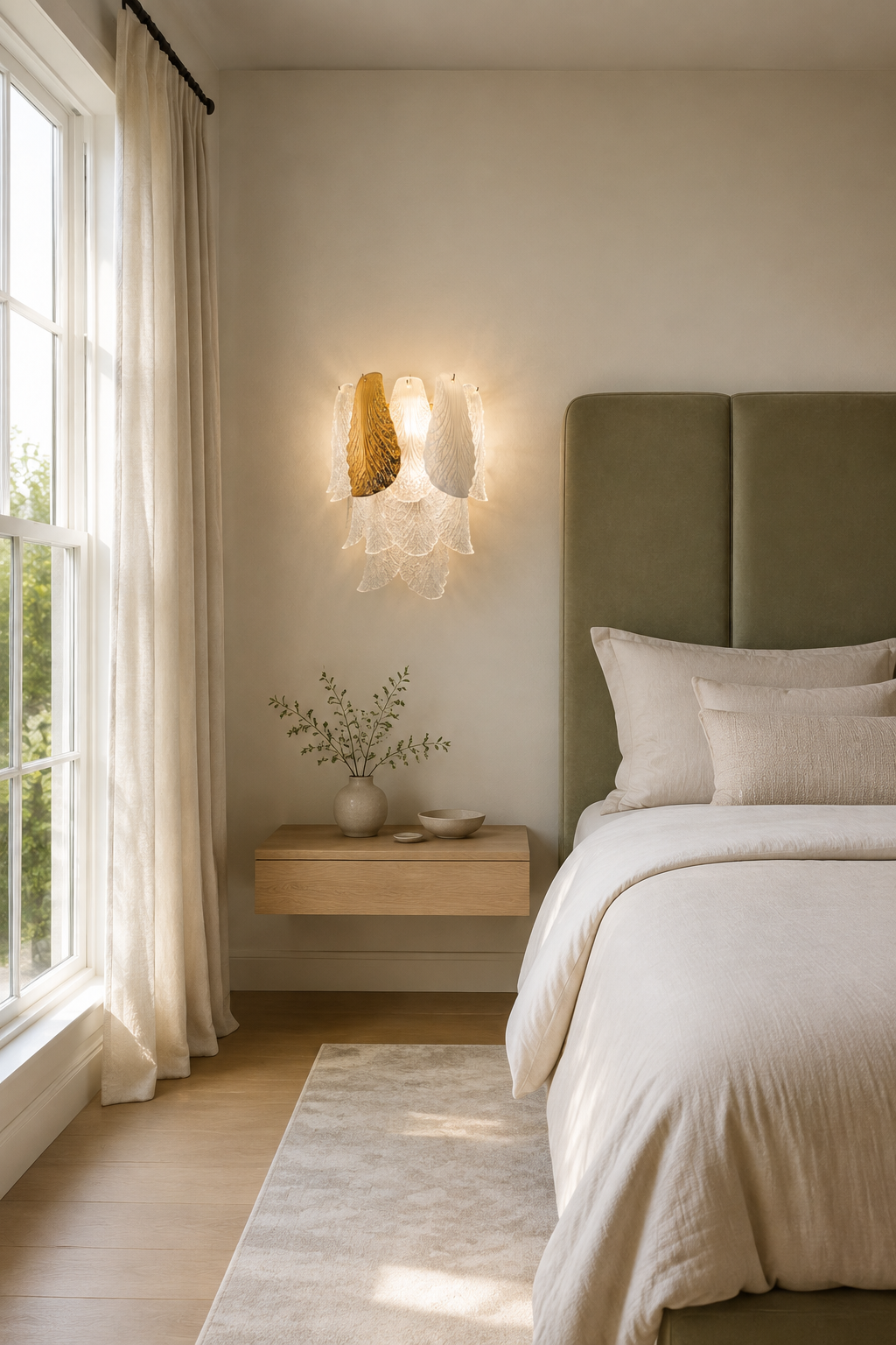 Ceramic and Glass Petal Wall Sconce: in a wide bedroom view