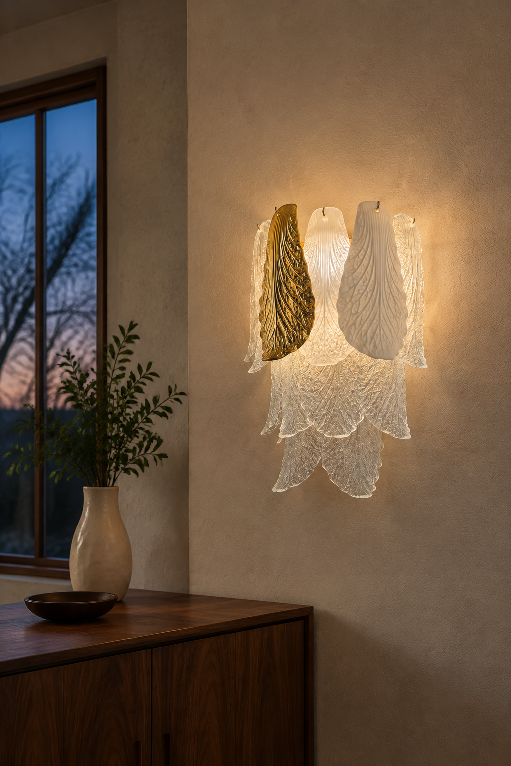 Ceramic and Glass Petal Wall Sconce: with warm illumination at night