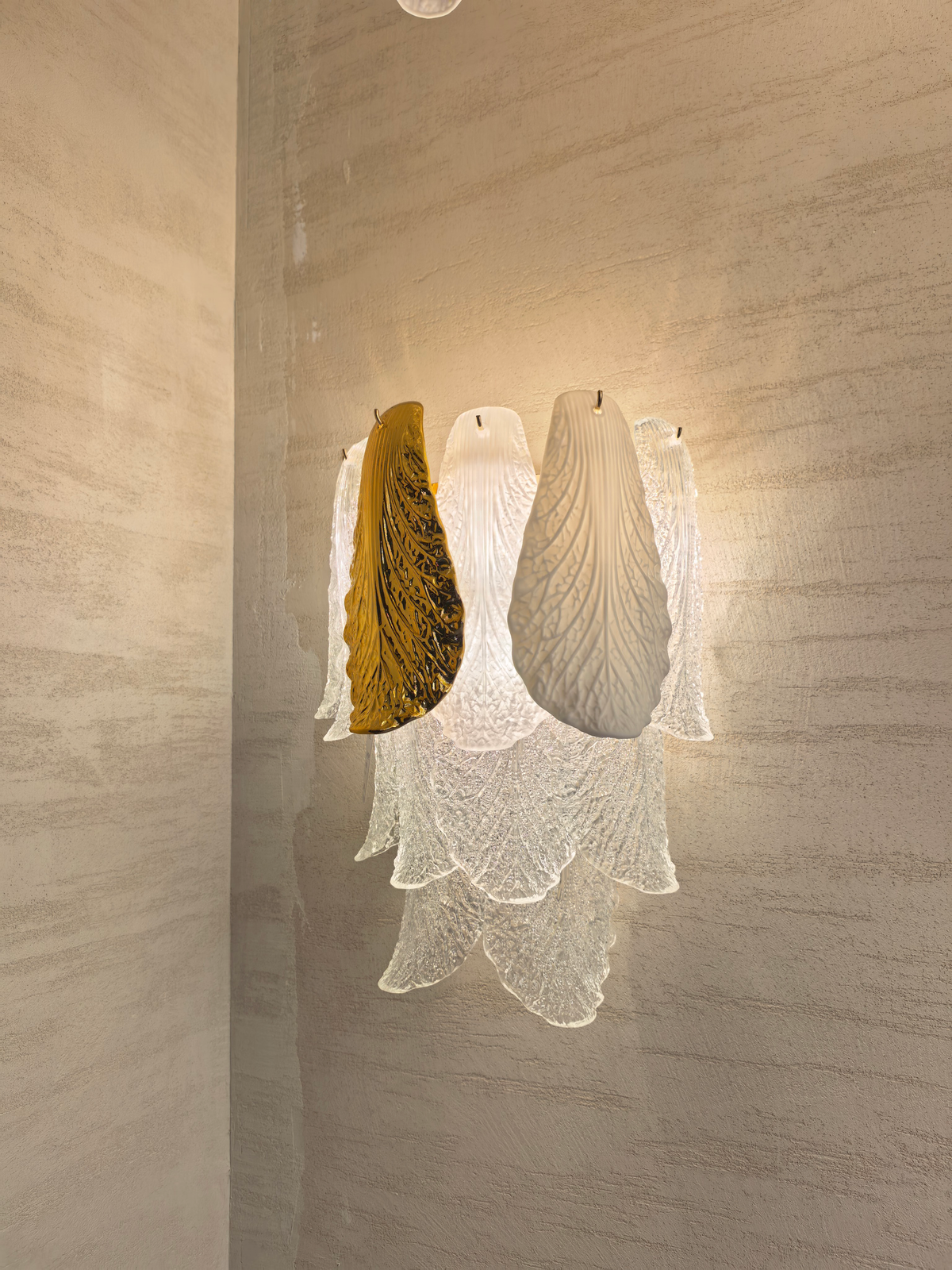 Ceramic and Glass Petal Wall Sconce: complete fixture photographed in the showroom