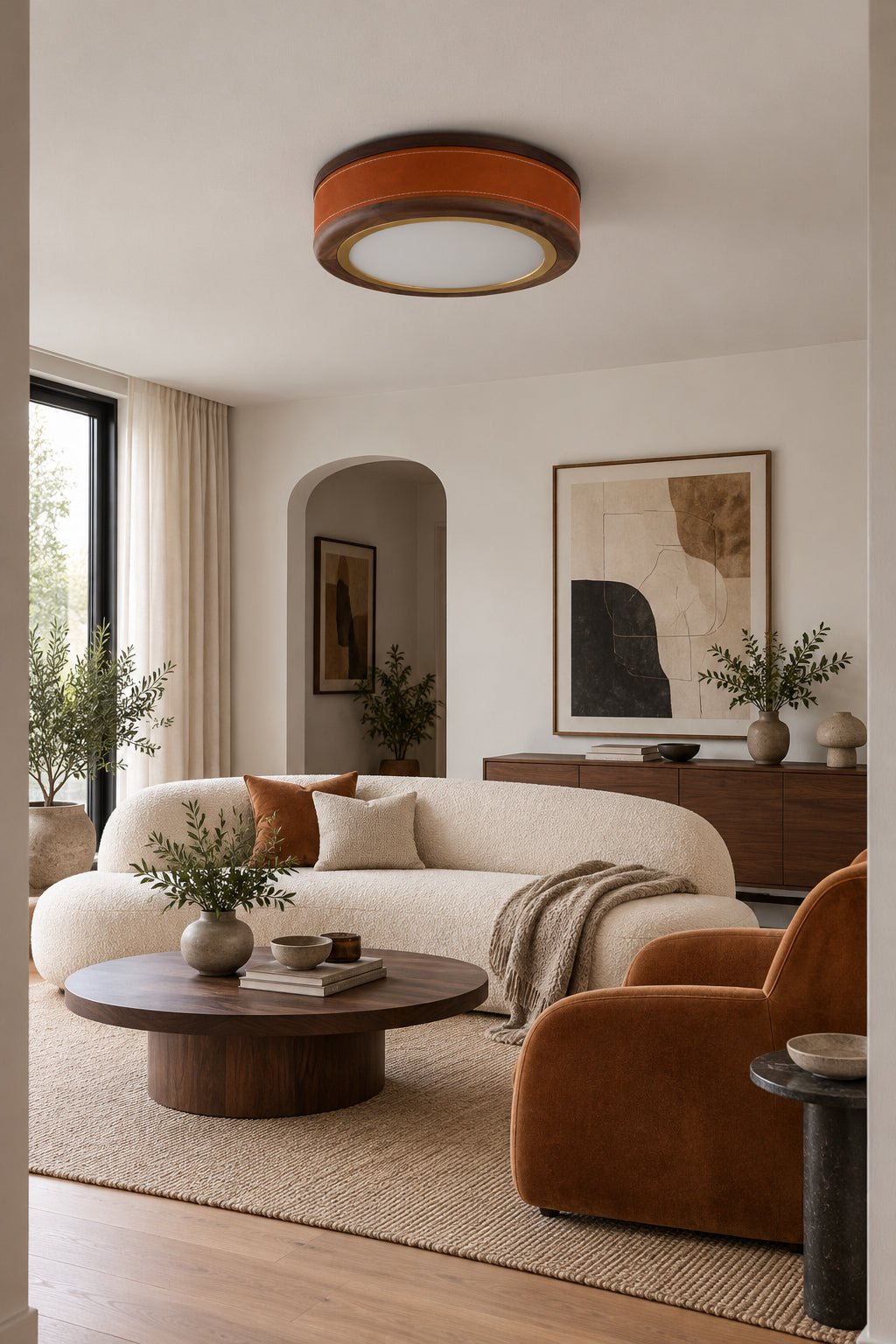 Walnut wood and brown stitched-band flush-mount ceiling light, daylight living room, light off