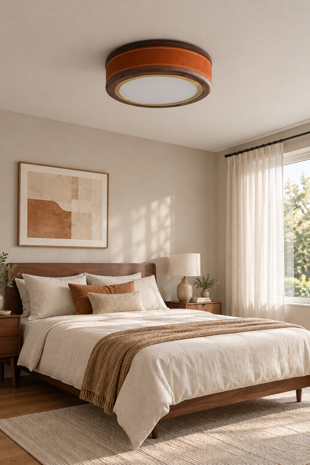 Walnut wood and brown stitched-band flush-mount ceiling light, daylight bedroom, light off