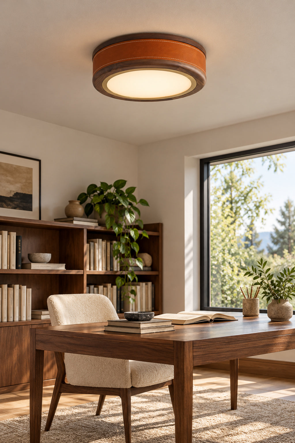 Walnut wood and brown stitched-band flush-mount ceiling light, home study, light on