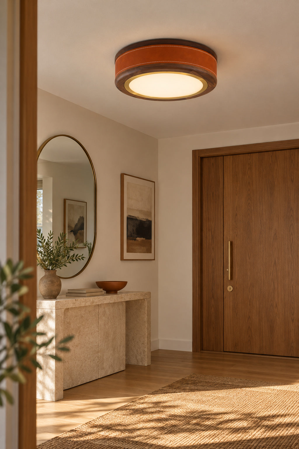 Walnut wood and brown stitched-band flush-mount ceiling light, entryway, light on