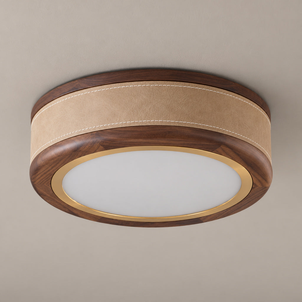 Walnut wood ring flush-mount ceiling light in khaki, light off, no downrod