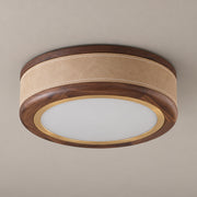 Walnut wood ring flush-mount ceiling light in khaki, light off, no downrod