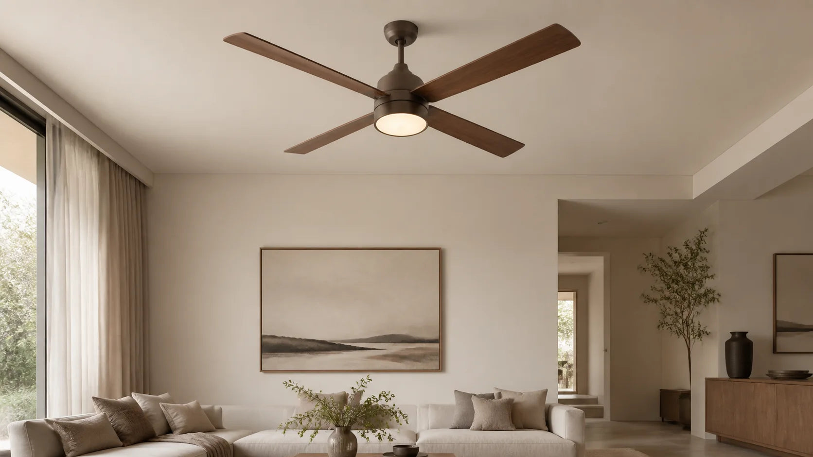 Ceiling fan light series in a warm contemporary living room