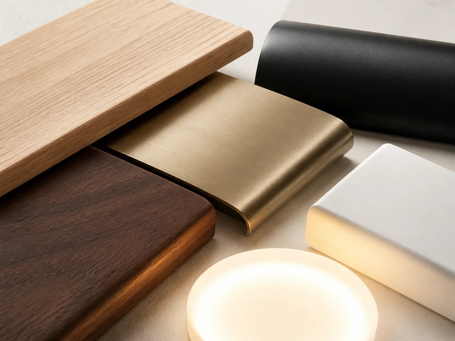 Wood, metal and opal diffuser materials used across ceiling fan lights