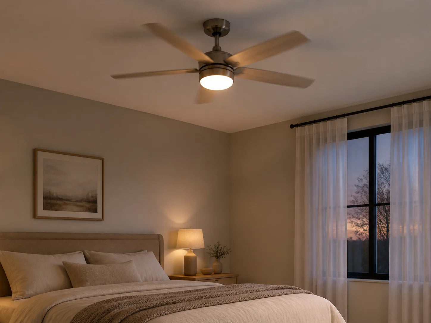 Quiet ceiling fan light comfort in a calm bedroom