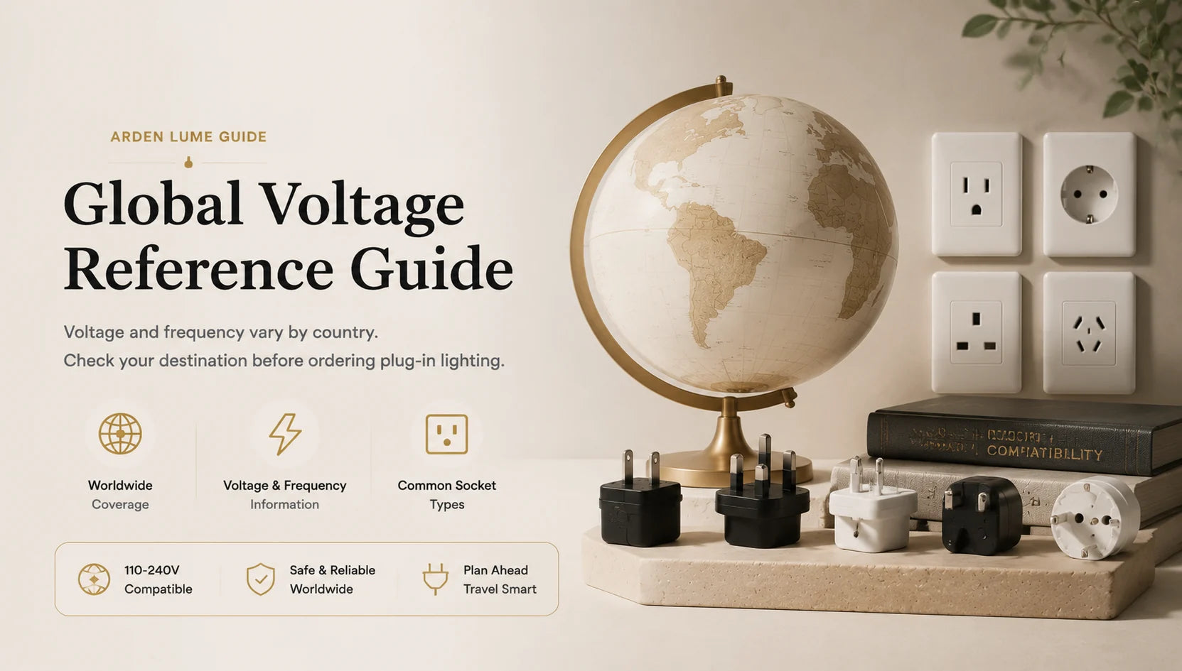 Global Voltage Reference Guide hero with globe, outlet plates and plug adapters