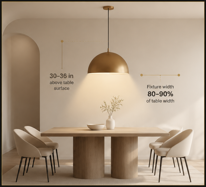Dining room pendant light position guide showing table clearance and fixture width