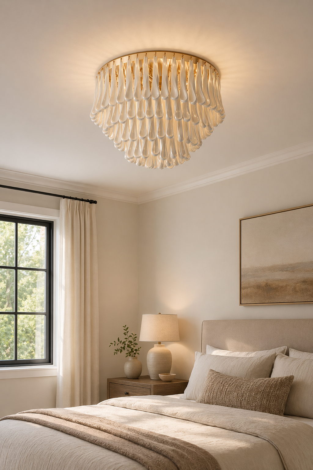 Flush mount ceramic ribbon chandelier in a calm bedroom