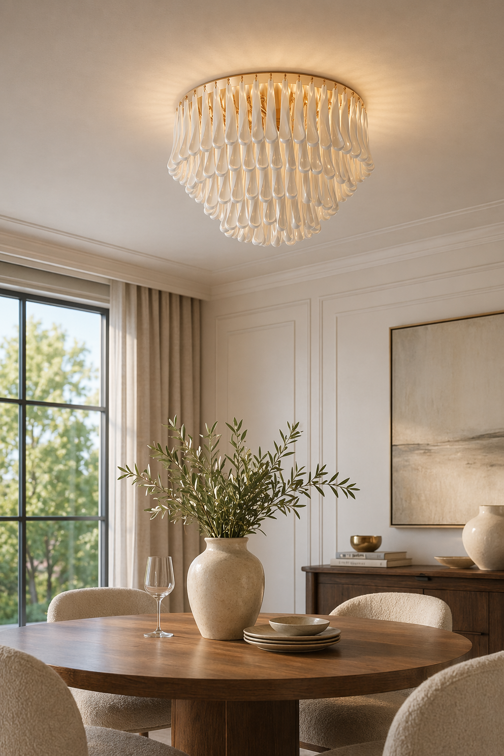 Flush mount ceramic ribbon chandelier above a dining table