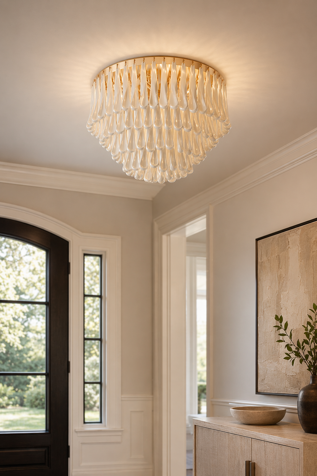 Flush mount ceramic ribbon chandelier used in an entry area