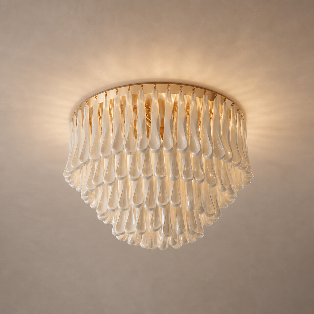 Ivory ceramic ribbon flush mount chandelier with warm gold-tone frame