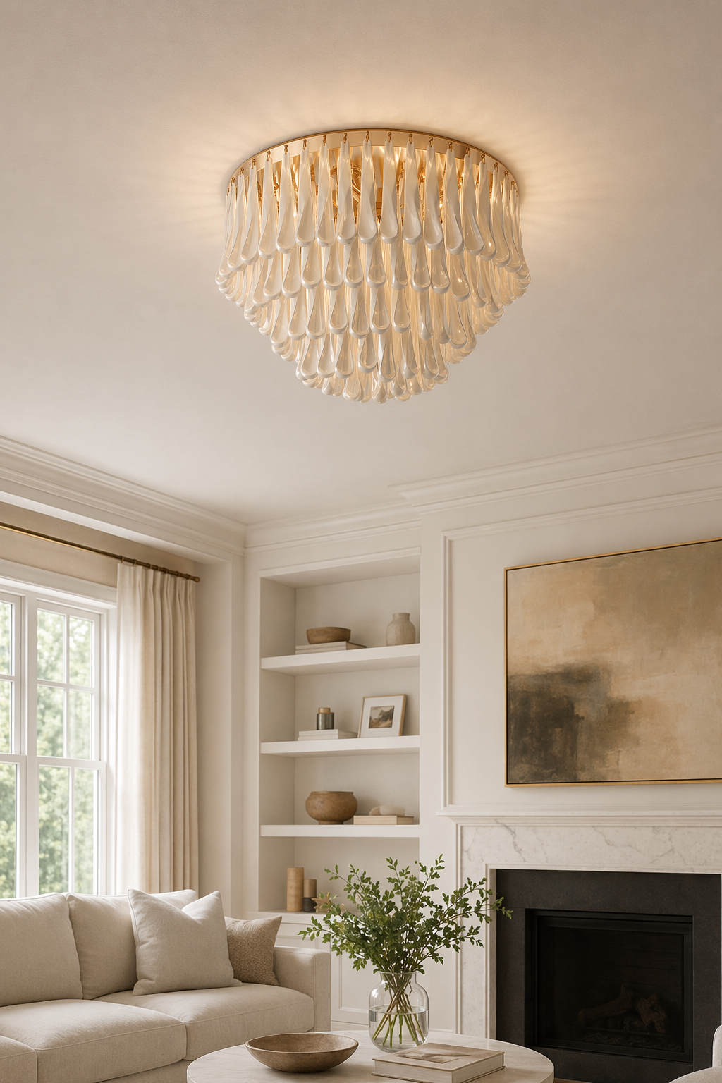 Flush mount ceramic ribbon chandelier in a bright living room
