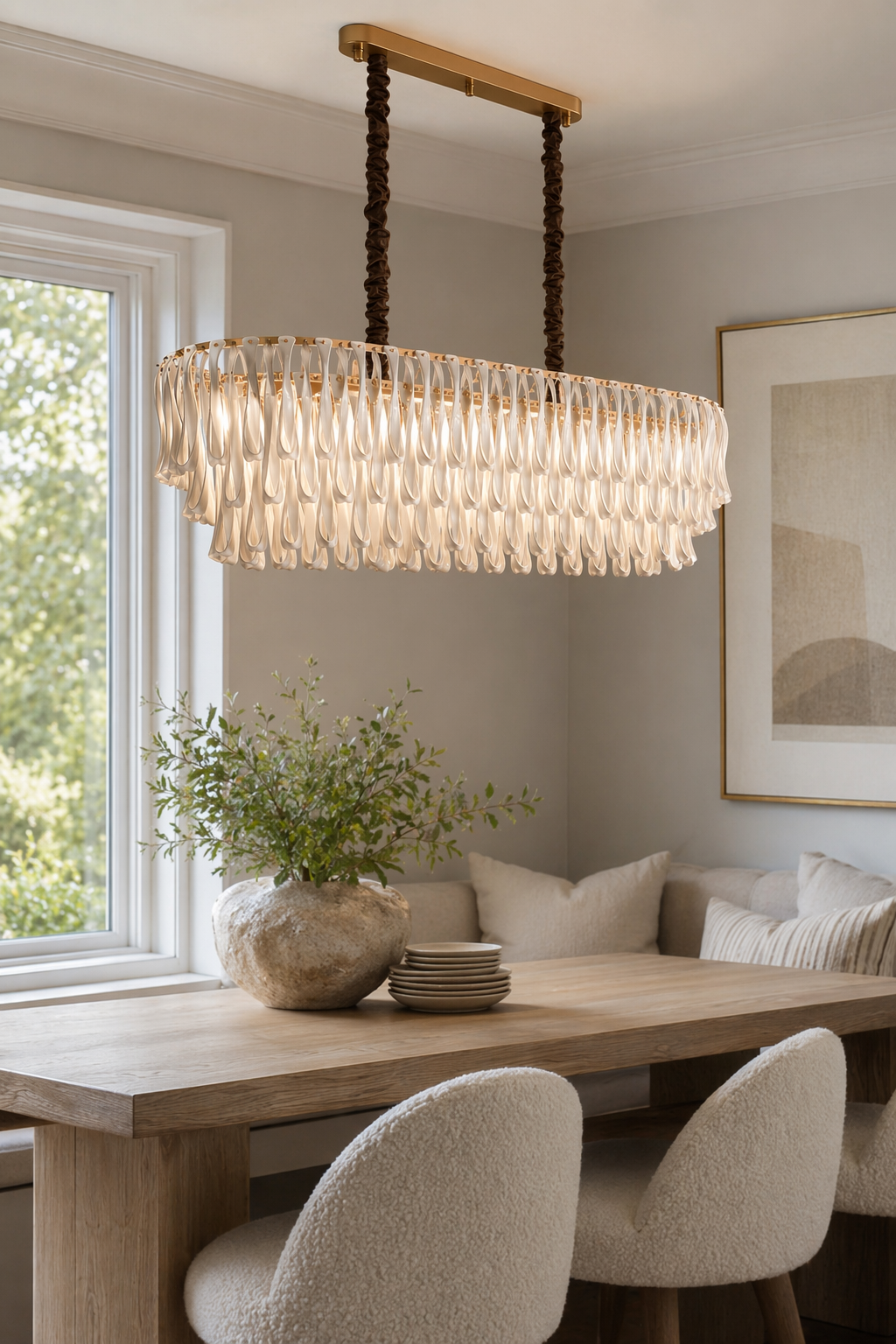 Linear ceramic ribbon chandelier above a breakfast nook table