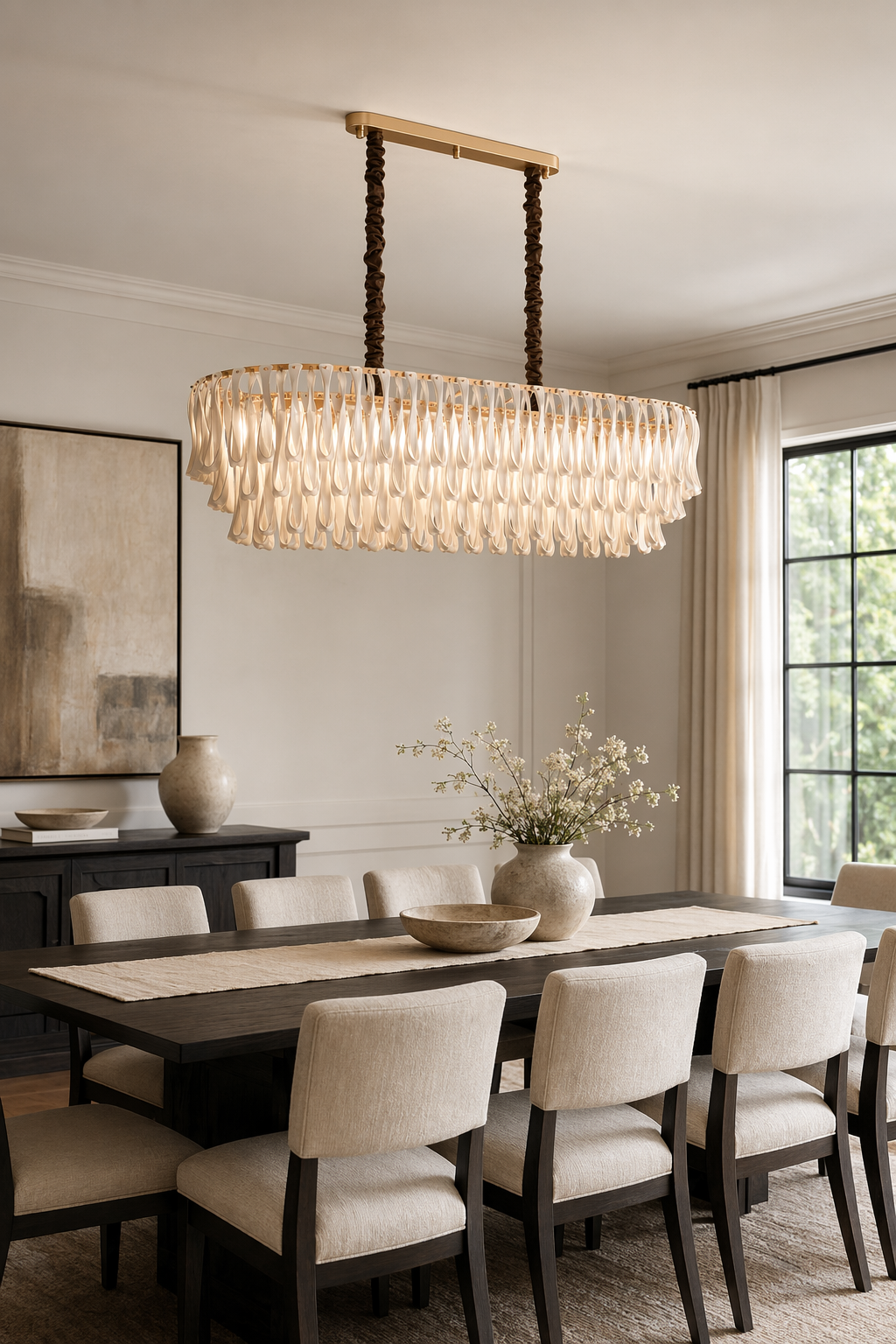 Linear ceramic ribbon chandelier above a formal dining table