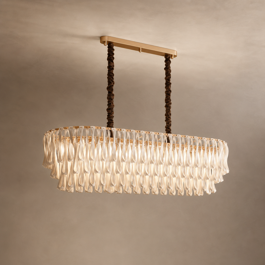 Ivory ceramic ribbon linear dining chandelier with warm gold-tone frame