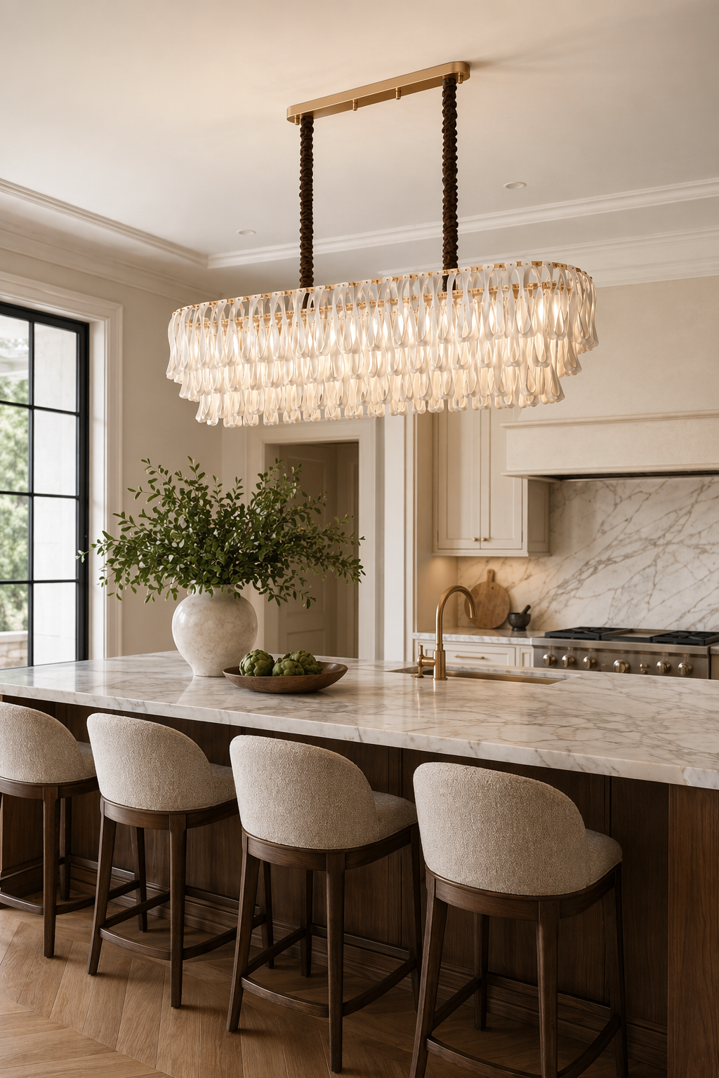 Linear ceramic ribbon chandelier above a kitchen island
