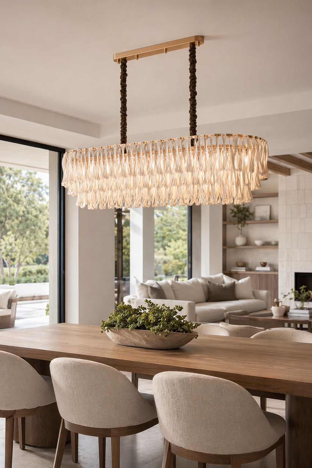 Linear ceramic ribbon chandelier in an open-plan dining area