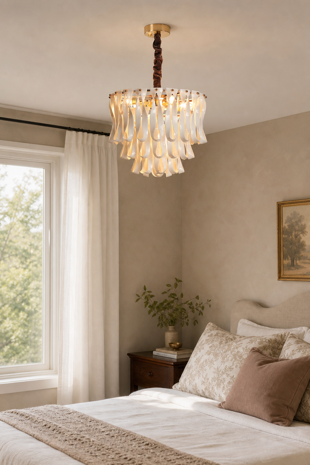 Mini ceramic ribbon chandelier in a bright bedroom