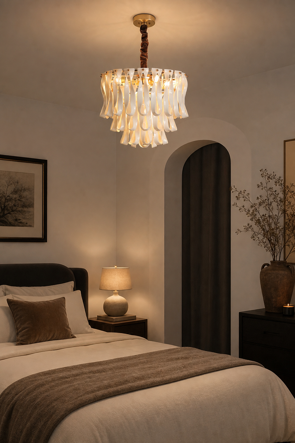Mini ceramic ribbon chandelier glowing in a bedroom setting