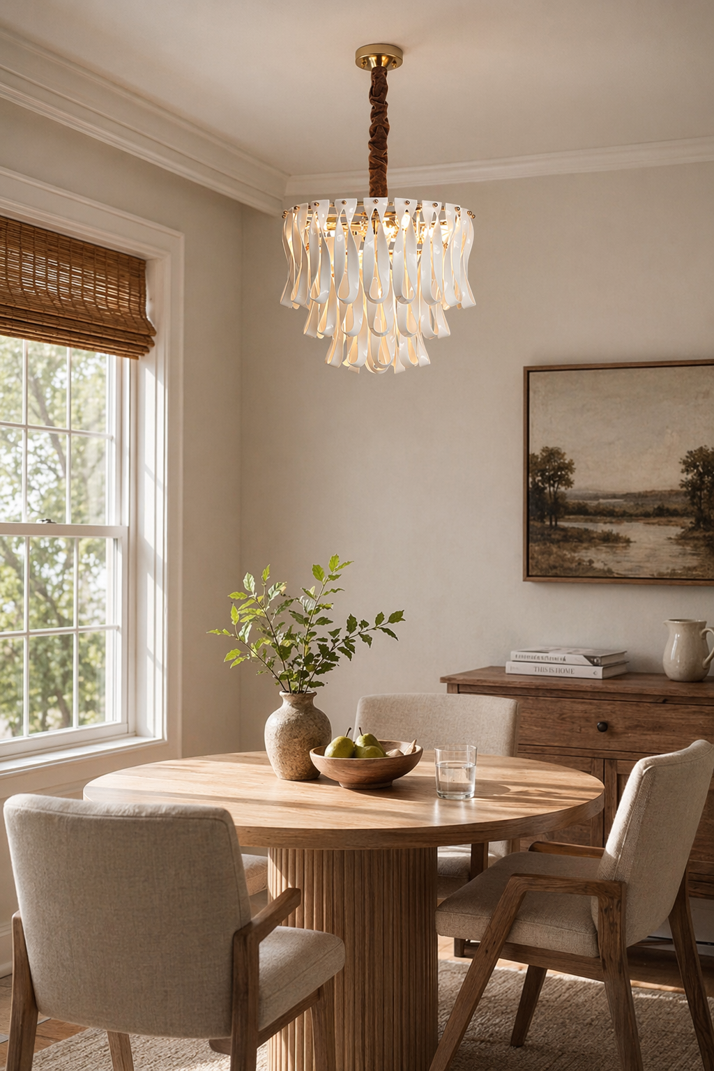 Mini ceramic ribbon chandelier above a small dining table