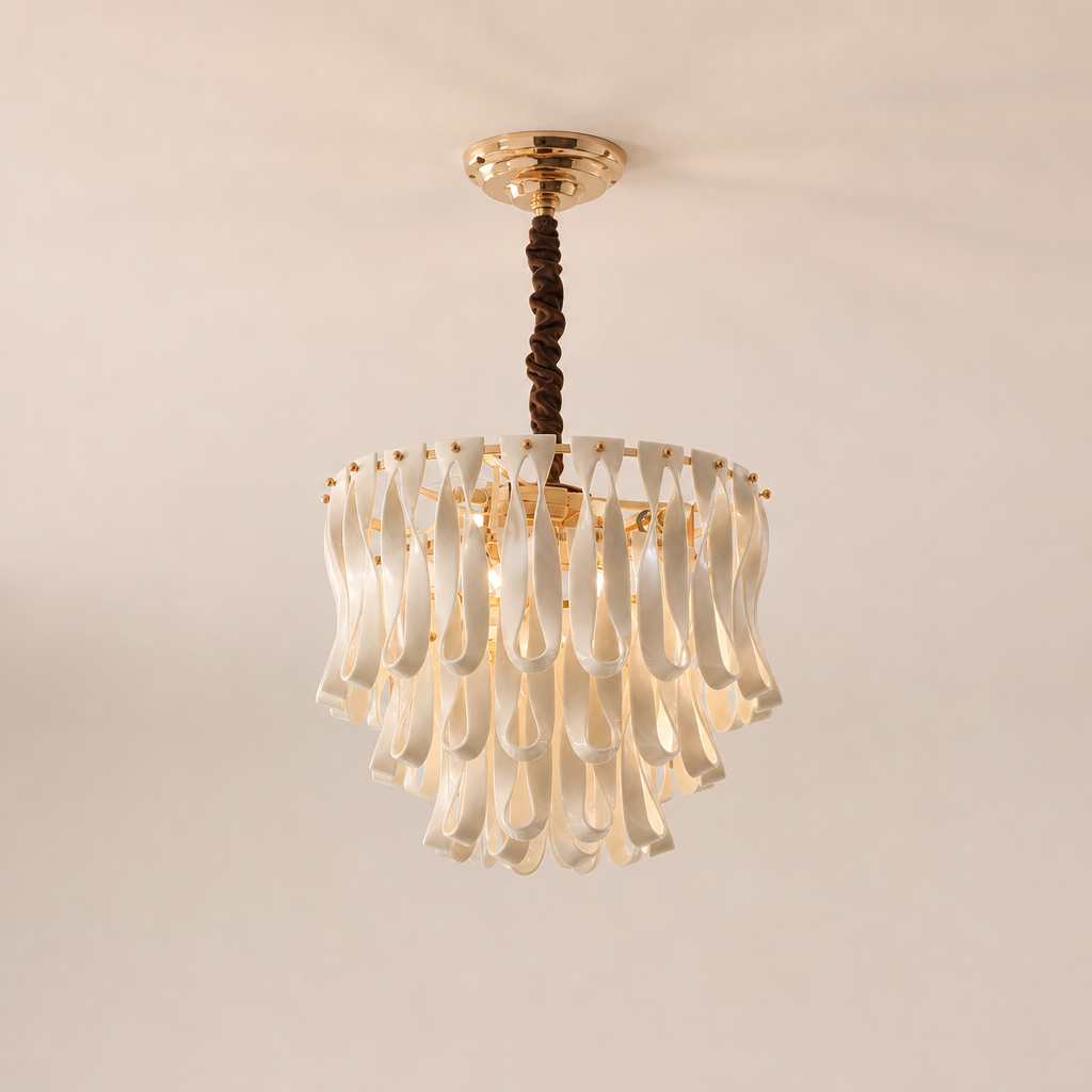 Mini ceramic ribbon chandelier on a clean light background