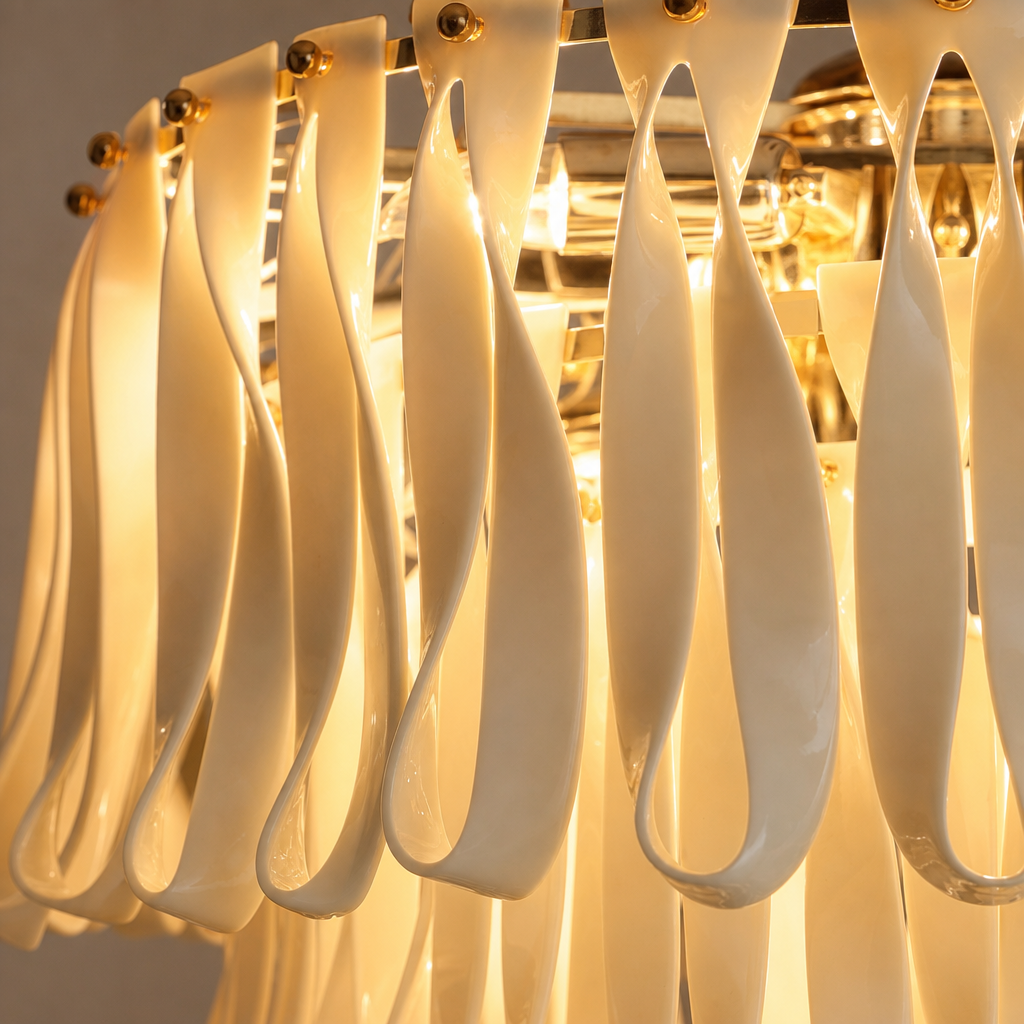 Close view of glossy ivory ceramic ribbon pieces