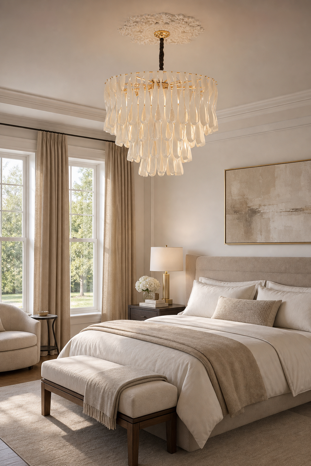 Ivory ceramic ribbon round chandelier in a calm neutral bedroom