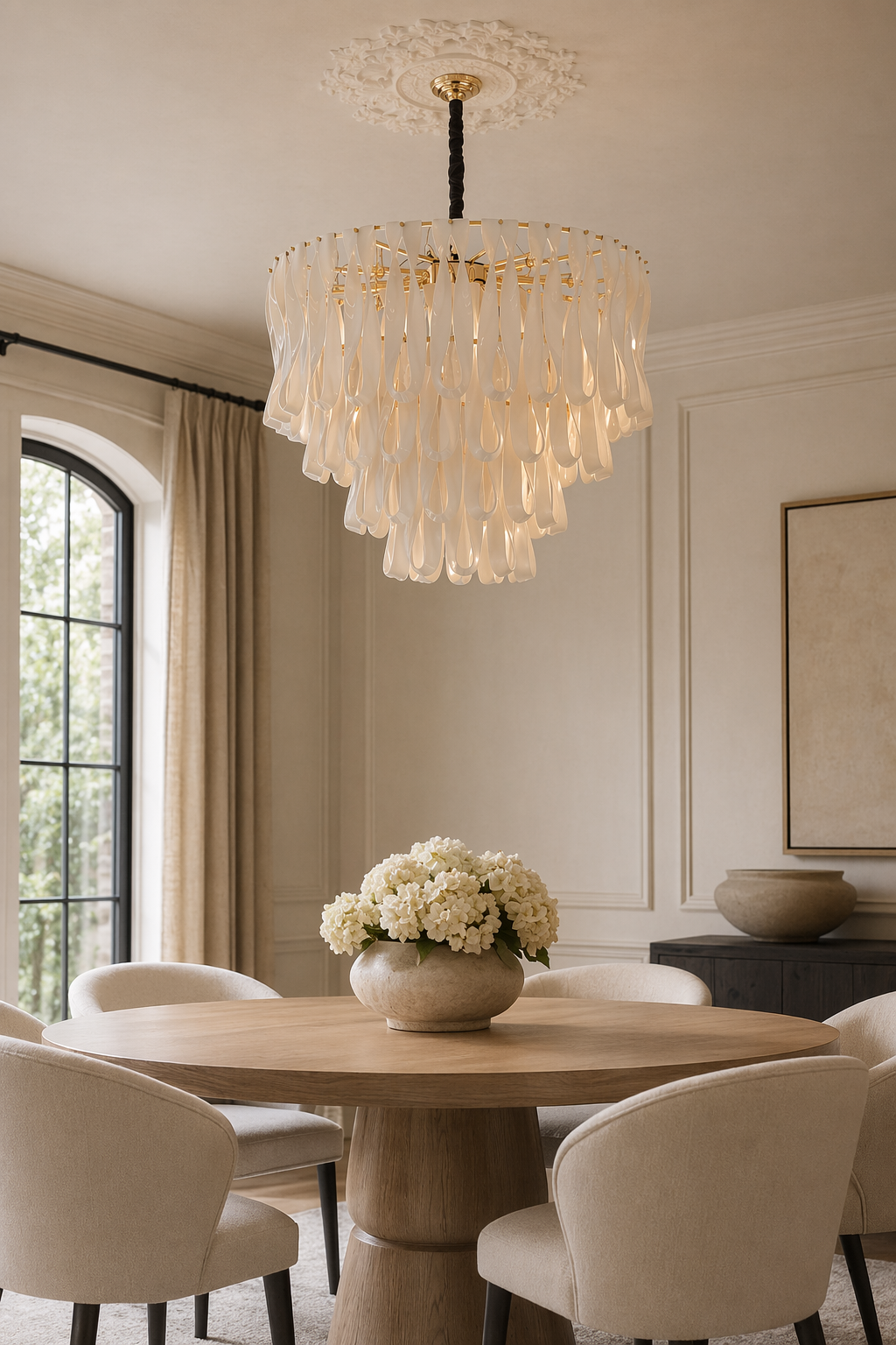 Ivory ceramic ribbon round chandelier above a round dining table