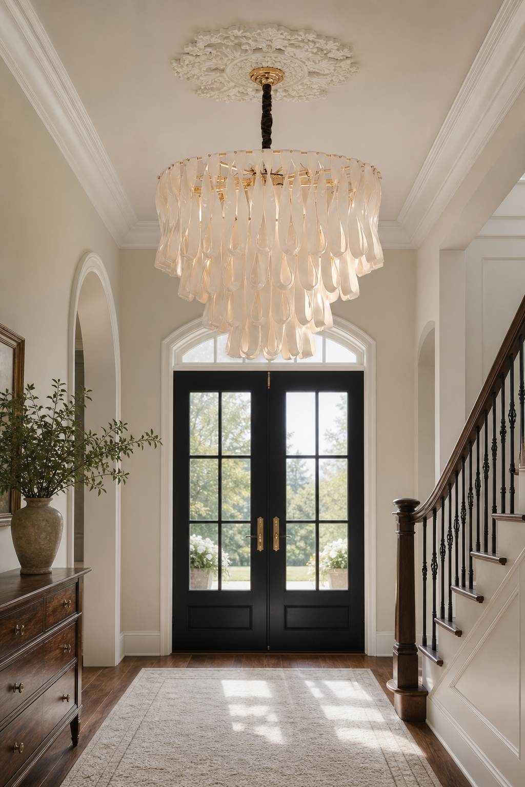 Ivory ceramic ribbon round chandelier in a bright entry foyer