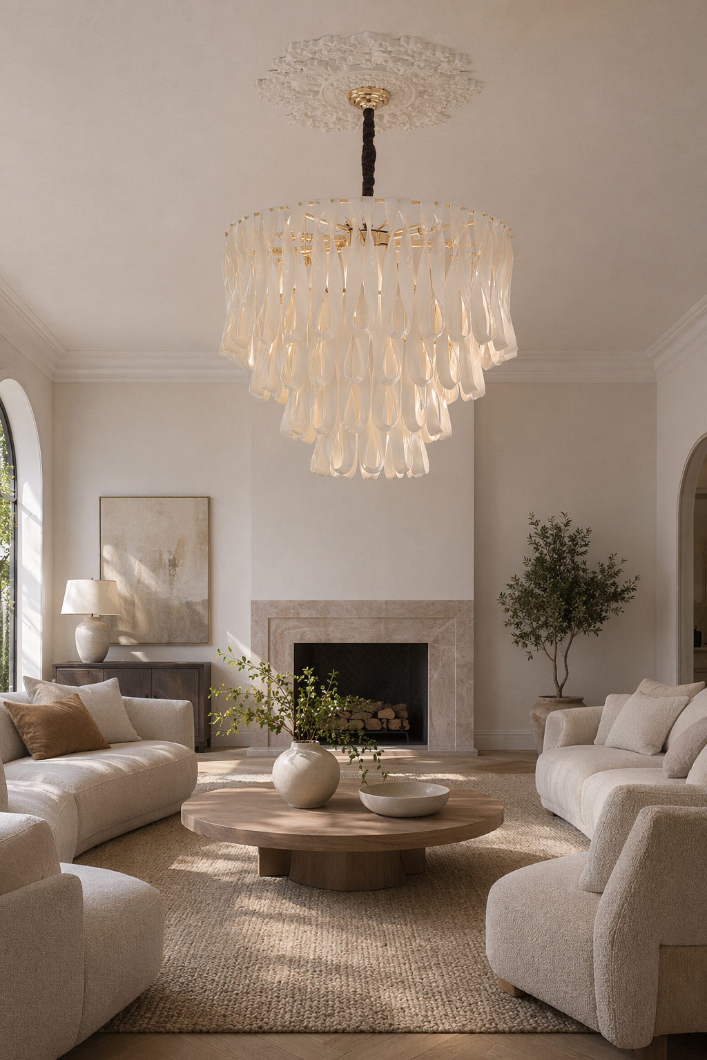 Ivory ceramic ribbon round chandelier in a neutral living room