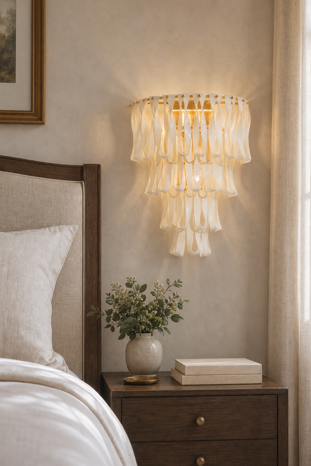 Ivory ceramic ribbon wall sconce used beside a bed