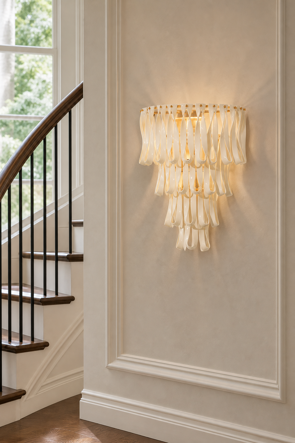Ivory ceramic ribbon wall sconce on a foyer stair wall