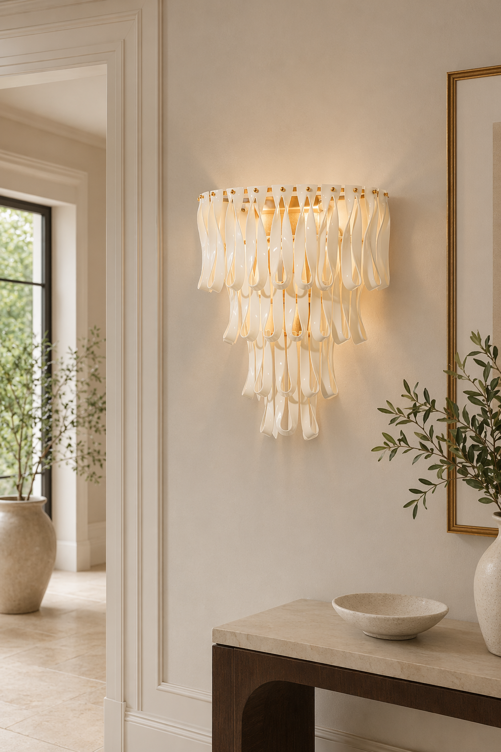 Ivory ceramic ribbon wall sconce on a hallway feature wall