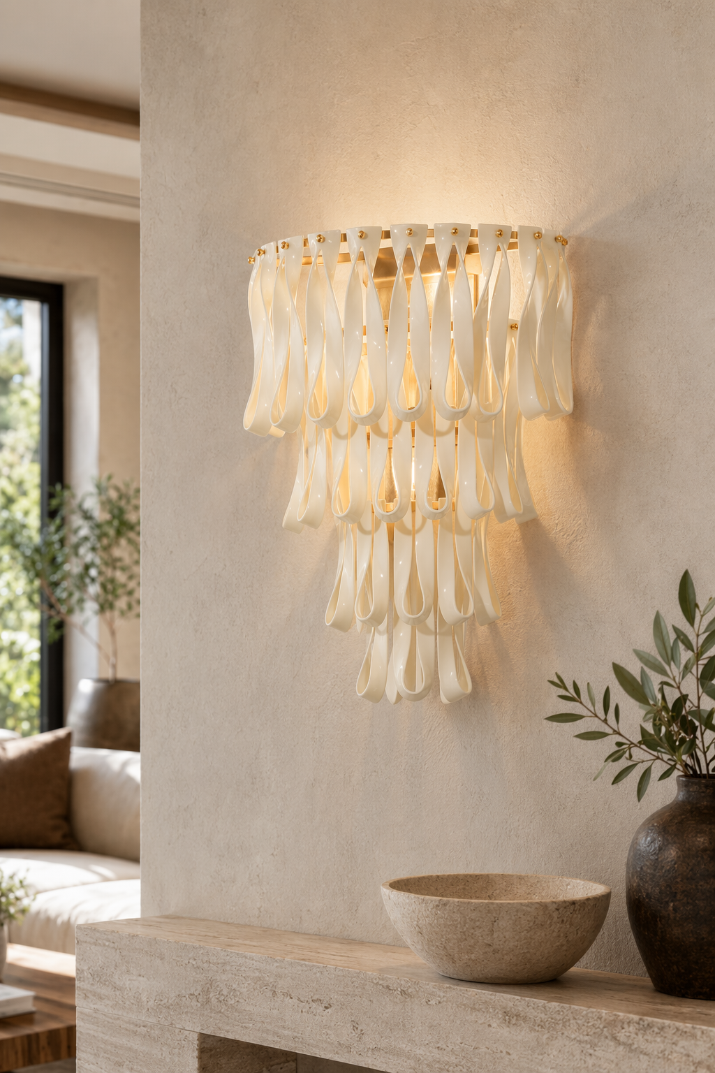 Ivory ceramic ribbon wall sconce used as a living room accent light